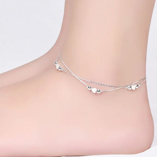 Double Layer Women Anklets Foot Chain Women Jewelry Heart Design Silver Plated Barefoot Accessories EF8