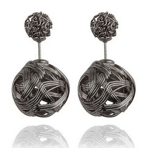 Double Sides Two Gold Plated Ball Hollowed Studs Earrings Women's Jewelry EF8