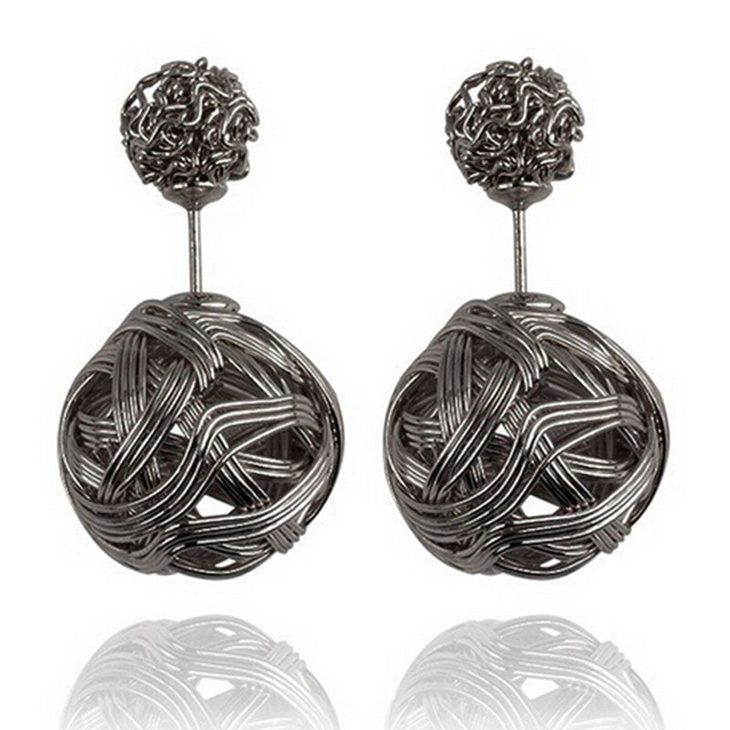 Double Sides Two Gold Plated Ball Hollowed Studs Earrings Women's Jewelry EF8