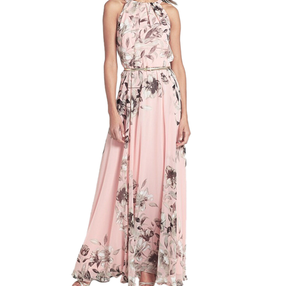 Elegant Casual Boho Party Dresses Style Women Long Dress O Neck Floral Print Chiffon Maxi Dress Vestidos With Belt EF8