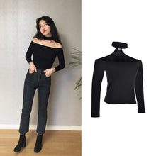 European style sexy slash neck black t-shirt women tops long sleeve halter top Girl t shirt 90's crop top EF8