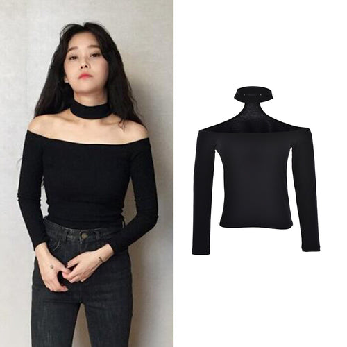 European style sexy slash neck black t-shirt women tops long sleeve halter top Girl t shirt 90's crop top EF8