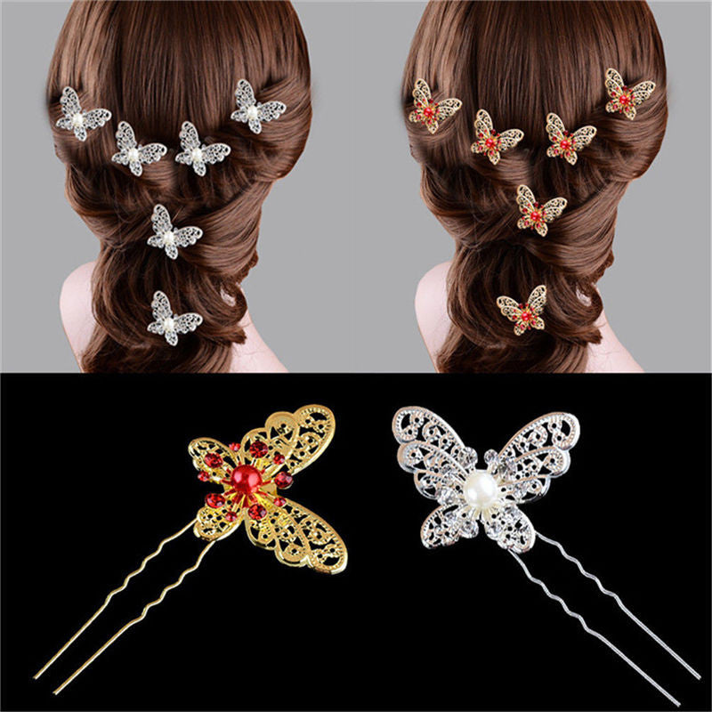 s Butterfly Shaped Hair Pin Bride Rhinestone Wedding Dress Costume Headdress Hairpins White Red Colors EF8