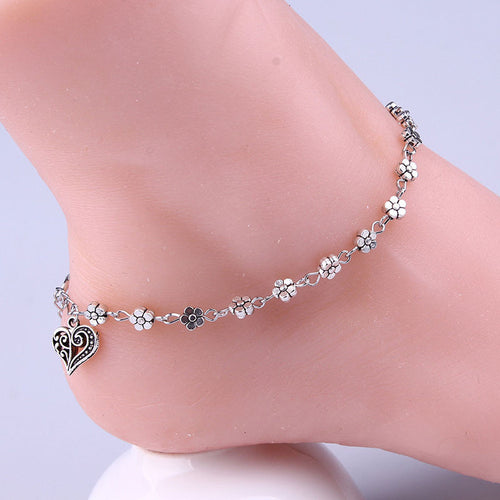 Anklets For Women Silver Bead Chain Anklet Bracelet Accessories Heart Floral Foot Jewelry EF8