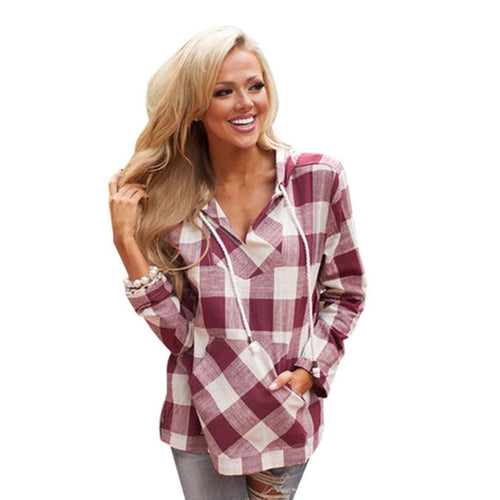 Fashion Shirt Women Long Sleeve Tops Plaid Hooded Sweater Blouse Shirt Pullover Plus Size EF8