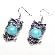 Bohemia Animal Owl Bird Ethnic Vintage Tibetan Silver Blue Turquoise Bead Dangle Earrings EF8