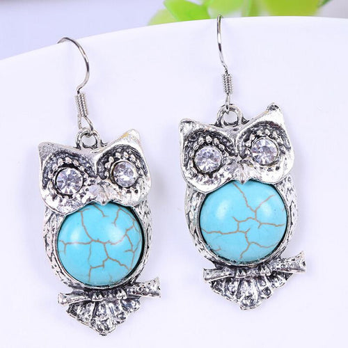 Bohemia Animal Owl Bird Ethnic Vintage Tibetan Silver Blue Turquoise Bead Dangle Earrings EF8