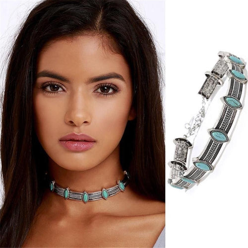 Boho Collar Choker Silver Necklace jewelry Necklace women Euro Vintage Necklace Bohemia Turquoise Beads EF8