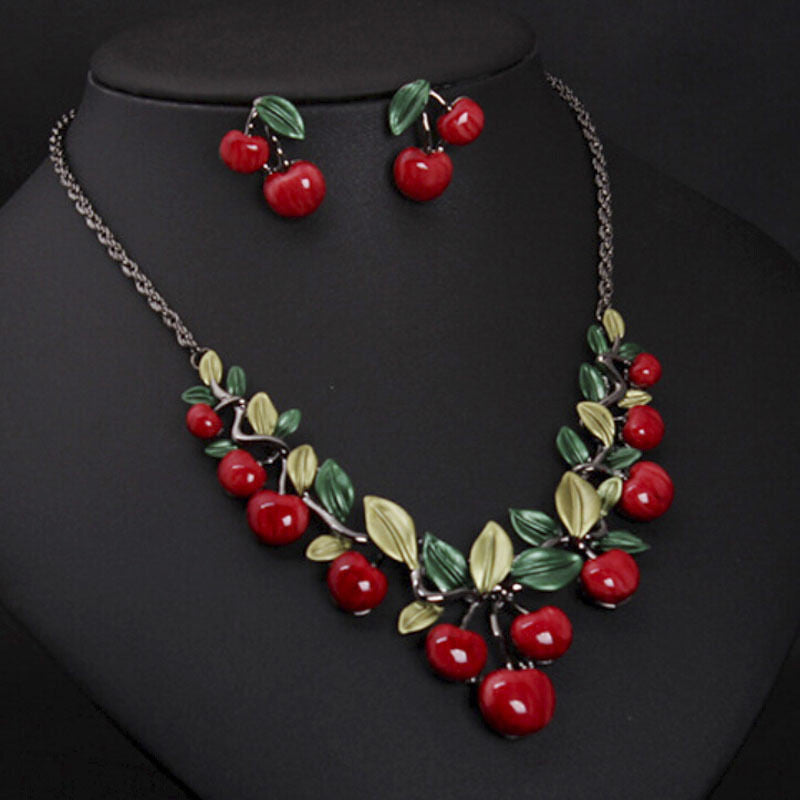 Cute Cherry Statement Necklace With Earrings Maxi Necklace For Women Best Gift S EF8