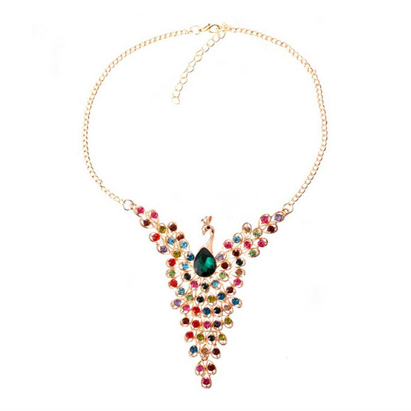 Fine Jewelry Super Dazzling Gold plated Rhinestone Colorful Peacock Long Necklace   Pendants For Women EF8