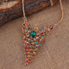 Fine Jewelry Super Dazzling Gold plated Rhinestone Colorful Peacock Long Necklace   Pendants For Women EF8