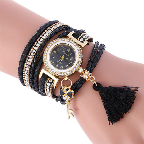 Fashion Key Pendant Elegance Leather Watch Wrap Around Quartz Leopard Leather Weave Watch Bracelets Relogio Femininos EF8