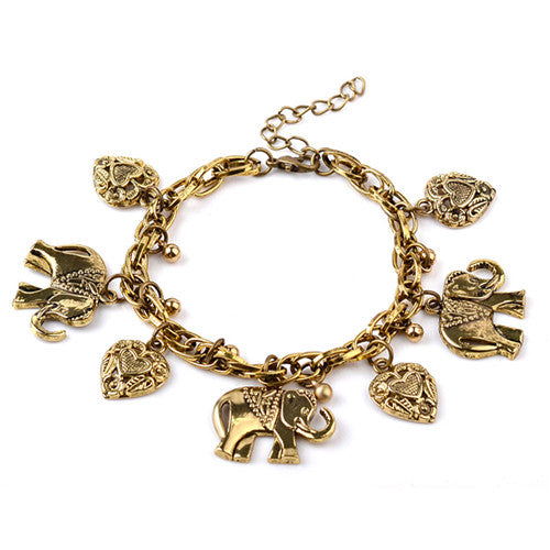 Jewelry Gifts Women Vintage Alloy Elephant Heart Love Bead Pendant Bracelets 2 Colors EF8