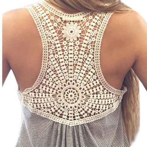 Lace Crochet Back Striped Vest Casual Plus Size Sleeveless Tank Top Shirt blusa S-XL Design Women Sexy Tank Tops EF8