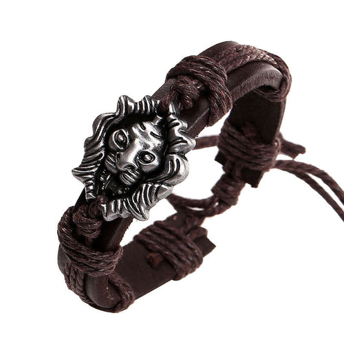 Men's Bracelet Jewelry H made Braided Lion Head Wrap Wrist Leather Cuff Bracelet EF8