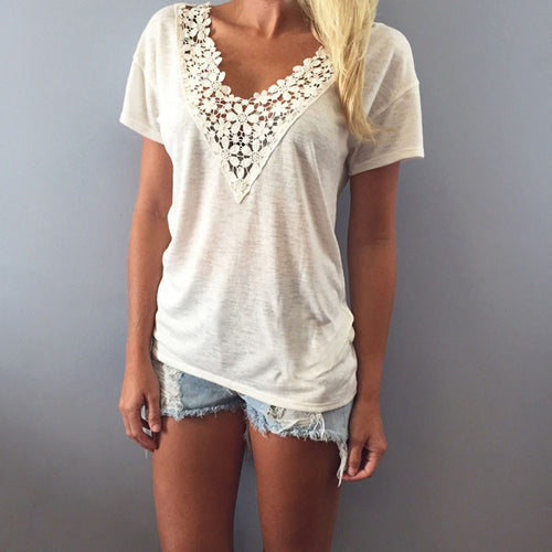 Fashion Leisure Women T Shirt Short Sleeve Beige Lace Splice V-Neck Top Ladies Casual T-Shirt EF8