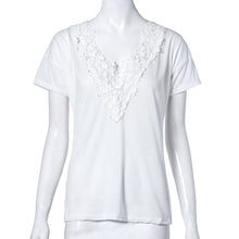 Fashion Leisure Women T Shirt Short Sleeve Beige Lace Splice V-Neck Top Ladies Casual T-Shirt EF8