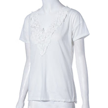 Fashion Leisure Women T Shirt Short Sleeve Beige Lace Splice V-Neck Top Ladies Casual T-Shirt EF8