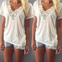 Fashion Leisure Women T Shirt Short Sleeve Beige Lace Splice V-Neck Top Ladies Casual T-Shirt EF8