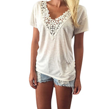 Fashion Leisure Women T Shirt Short Sleeve Beige Lace Splice V-Neck Top Ladies Casual T-Shirt EF8