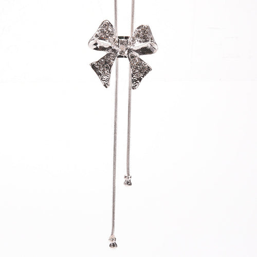 Noble Alloy Rhinestone Bow Necklace Long Sweater Chain Pendant Necklace EF8