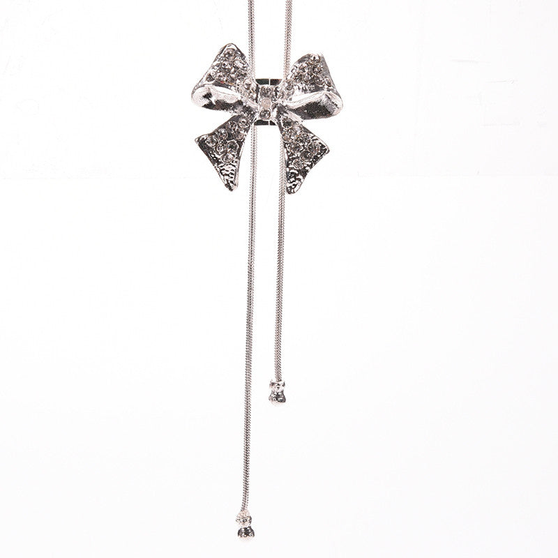 Noble Alloy Rhinestone Bow Necklace Long Sweater Chain Pendant Necklace EF8