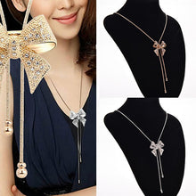 Noble Alloy Rhinestone Bow Necklace Long Sweater Chain Pendant Necklace EF8