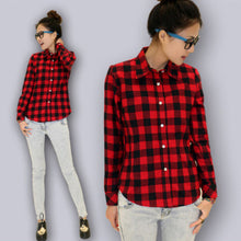 Women Casual Cotton Lapel Long-Sleeve Plaid Shirt Ladies Slim Outerwear Blouse Tops EF8