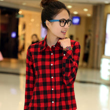 Women Casual Cotton Lapel Long-Sleeve Plaid Shirt Ladies Slim Outerwear Blouse Tops EF8