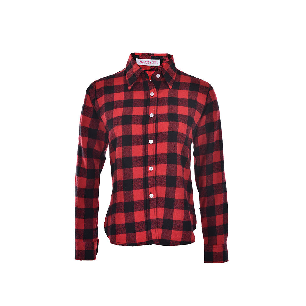 Women Casual Cotton Lapel Long-Sleeve Plaid Shirt Ladies Slim Outerwear Blouse Tops EF8