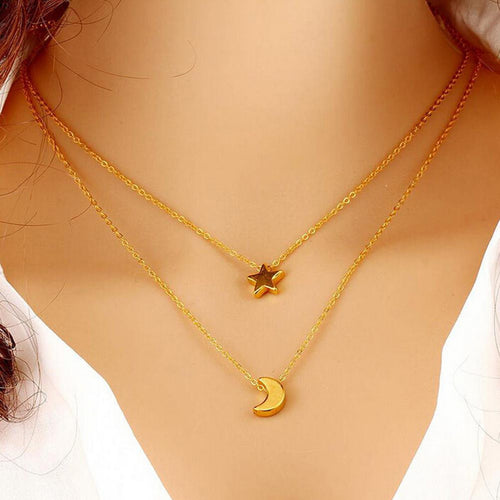 jewelry copper alloy chain link star moon layer pendant necklace gift for women girl EF8