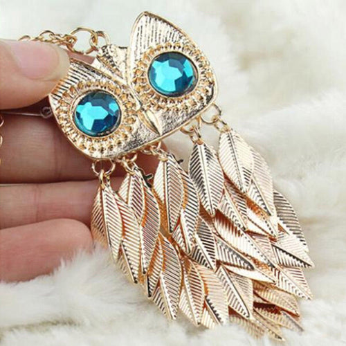 able Stylish Gold Plated Leaves Owl Charm Chain Long Women Pendant Necklace EF8