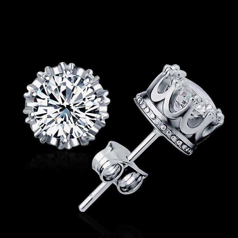Femal Cubic Zirconia Earrings Classic Crown Design Silver Plated Crystal Stud Earrings Women Jewelry  EF8