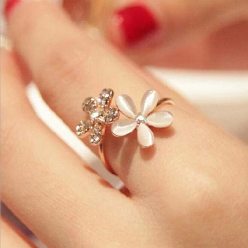 Fine Jewelry Dazzling Rhinestones Full Opal Double Five Flowers Wedding Rings For Women Gift EF8