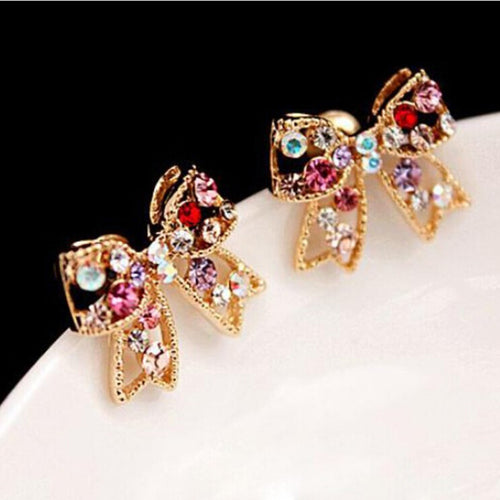 For Girls Graceful Colorful Rinestone Bowknot Earrings Studs Push-Back Bow Earring EF8