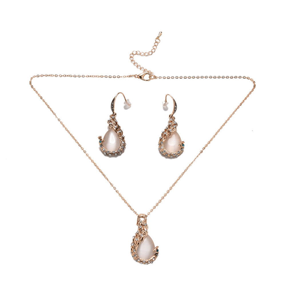 For Women  18k Yellow Gold Filled pink opal Peacock Necklace Earring Wedding Fine Jewelry EF8