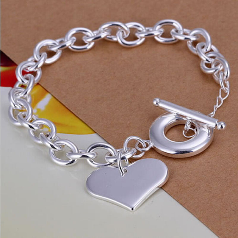For Women Silver Plated Jewelry Toggle Clasps Charm Bracelets Trendy Heart Design Link Chain Bracelet EF8