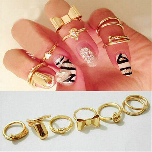 For Women Skull Bowknot Heart Ring Set 7pc Gold finger Knuckle Rings EF8