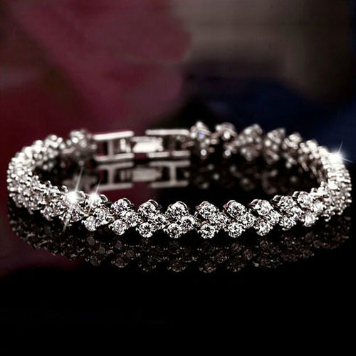 For Women Style Silver Plated Bracelets Bangles Roman Shiny CZ Diamond Heart Shape Chain Bracelets EF8