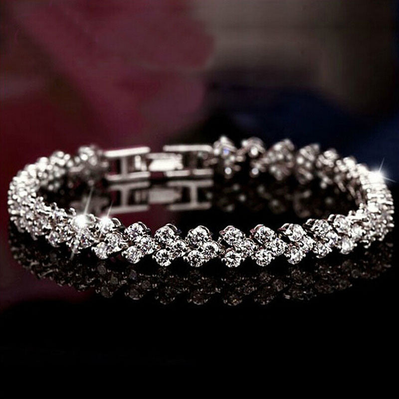 For Women Style Silver Plated Bracelets Bangles Roman Shiny CZ Diamond Heart Shape Chain Bracelets EF8