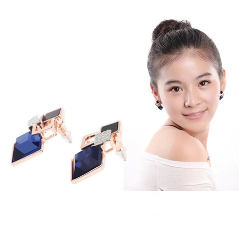 For Women Trendy Jewelry Elegant Cube Earrings Blue Geometric Rhinestone Crystal Stud Earrings EF8