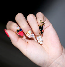 For Women Vogue Nail Rings Chic Knuckle Rings Jewelry 4pc Crystal Black Cat Pearl Rings Set EF8