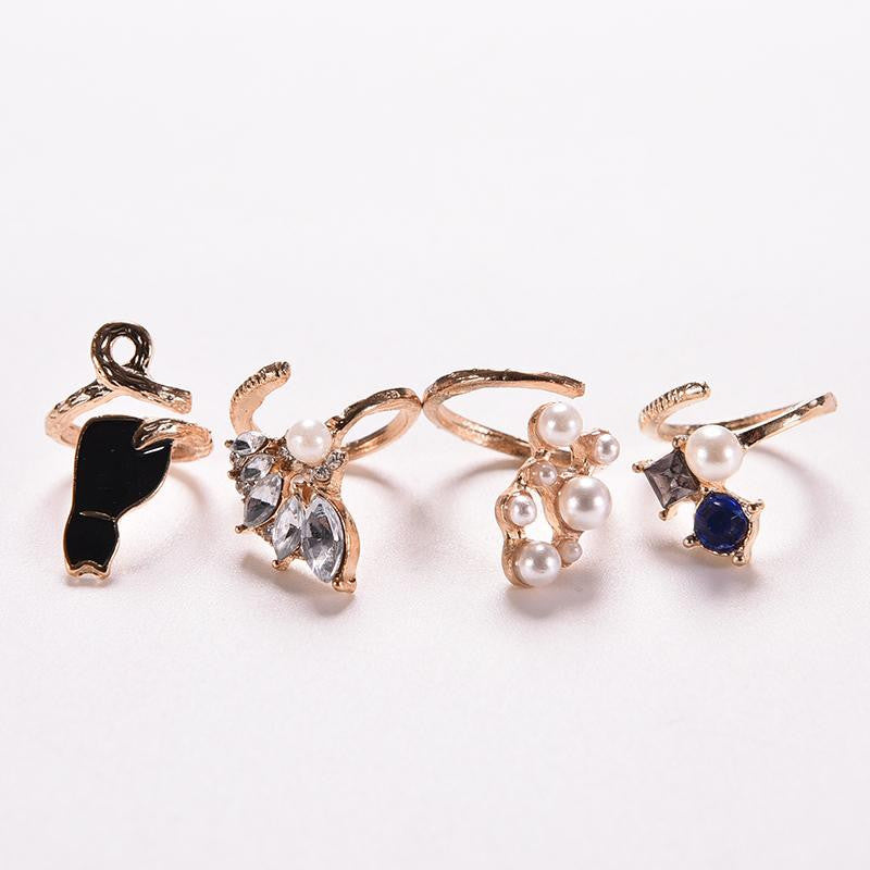 For Women Vogue Nail Rings Chic Knuckle Rings Jewelry 4pc Crystal Black Cat Pearl Rings Set EF8