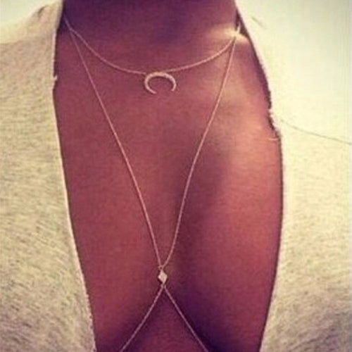 Charming Crossover Harness Crystal Moon Golden Necklace Waist Belt Belly Body Chain Jewelry EF8