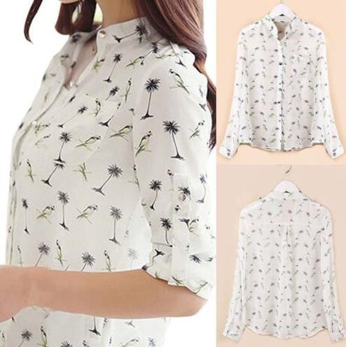 Fresh Women Tops Women Birds Printing Dot Chiffon Shirt Collar Blusa De Chiffon Blouses EF8