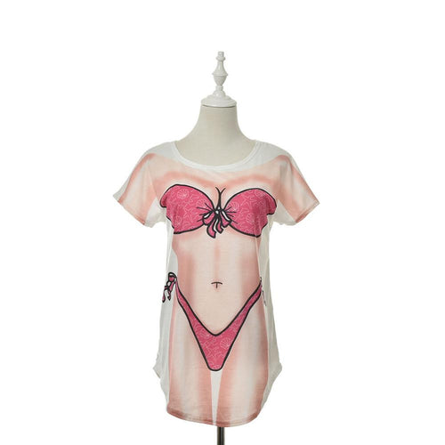 Funny Bikini Printing T shirt  O Collar short sleeves Dress Shirt Women Long T-shirt Plus Size White Tops Tees EF8