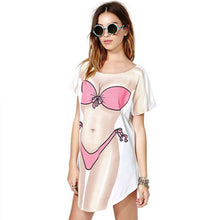 Funny Bikini Printing T shirt  O Collar short sleeves Dress Shirt Women Long T-shirt Plus Size White Tops Tees EF8