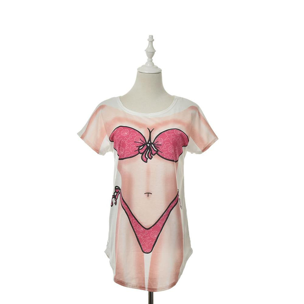 Funny Bikini Printing T shirt  O Collar short sleeves Dress Shirt Women Long T-shirt Plus Size White Tops Tees EF8
