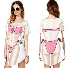 Funny Bikini Printing T shirt  O Collar short sleeves Dress Shirt Women Long T-shirt Plus Size White Tops Tees EF8