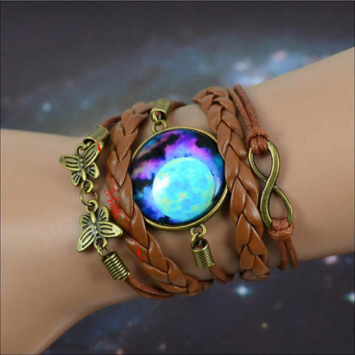 Galaxy bracelet Nebula Space Star Glass Cabochons Vintage Bronze Tone Leather Bracelet Friendship Best Gift EF8